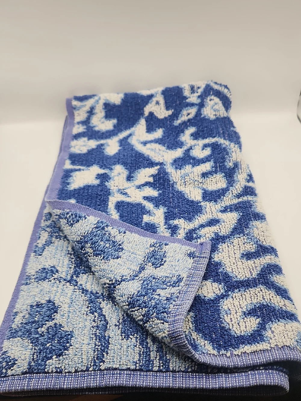 Vintage Ralph Lauren Donovan Pattern scroll bath towel blue and white/cream